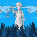 The giant fingers covers the ears of lady justice. (used clipping mask)