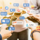 Young people watching a live streaming. social media concept.