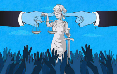 The giant fingers covers the ears of lady justice. (used clipping mask)