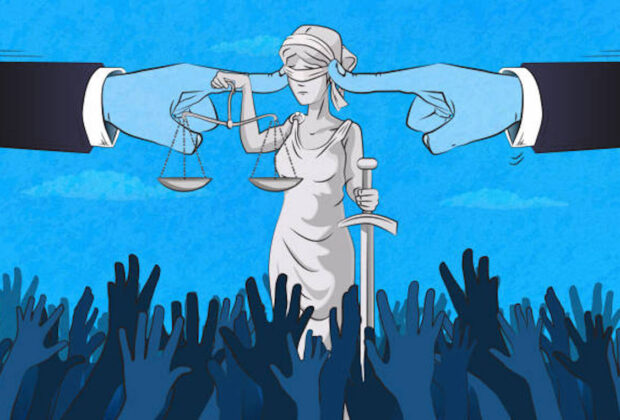 The giant fingers covers the ears of lady justice. (used clipping mask)