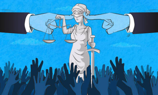 The giant fingers covers the ears of lady justice. (used clipping mask)