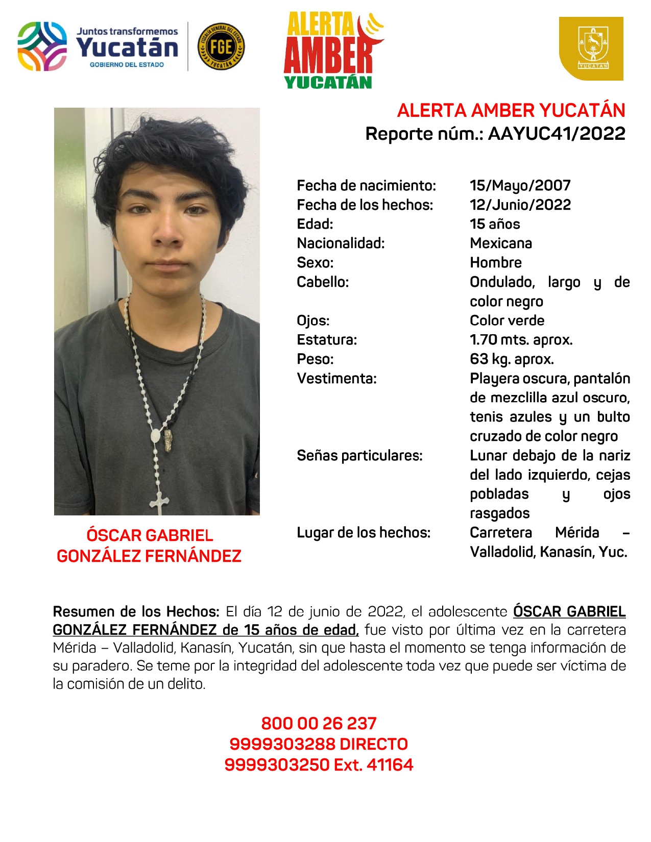 FICHA ALERTA AMBER OSCAR GABRIEL GONZALEZ FERNANDEZ DE 15 AÑOS (YUCATÁN)