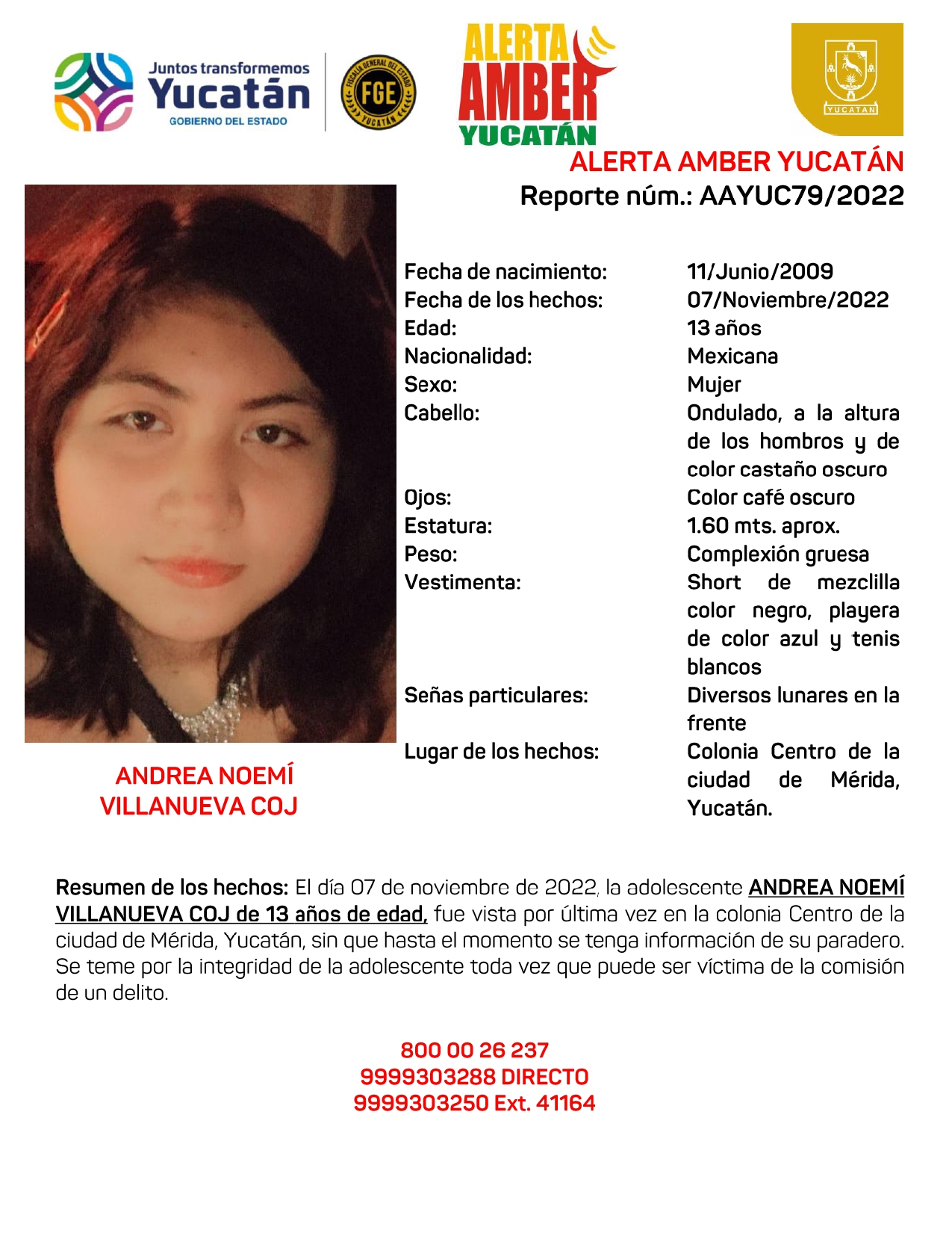 ALERTA AMBER ANDREA NOEMI VILLANUEVA COJ DE 13 AÑOS (YUC)