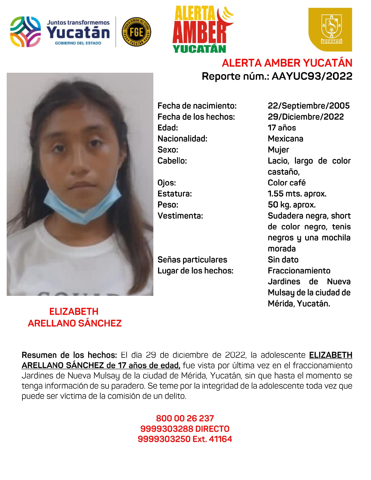 ALERTA AMBER ELIZABETH ARELLANO SÁNCHEZ DE 17 AÑOS (YUC)