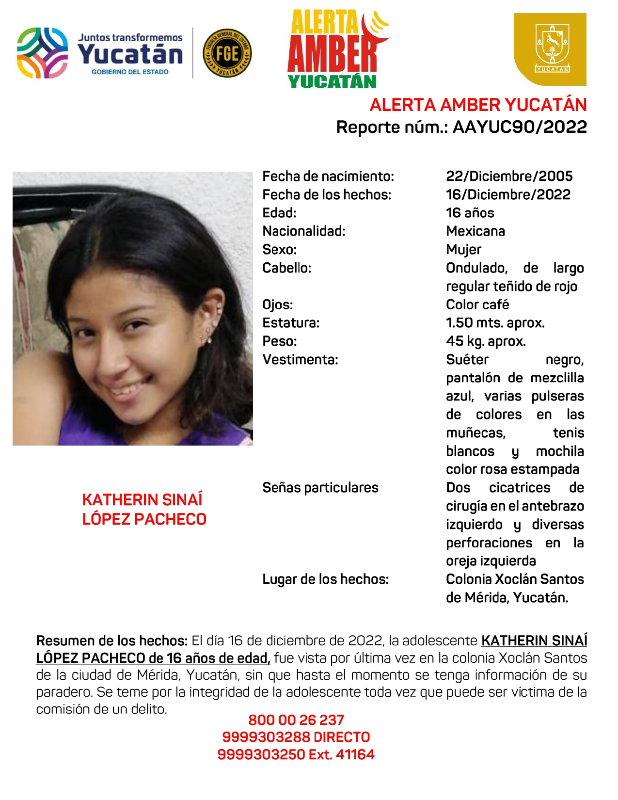 ALERTA AMBER KATHERIN SINAI LOPEZ PACHECO DE 16 AÑOS (YUC)