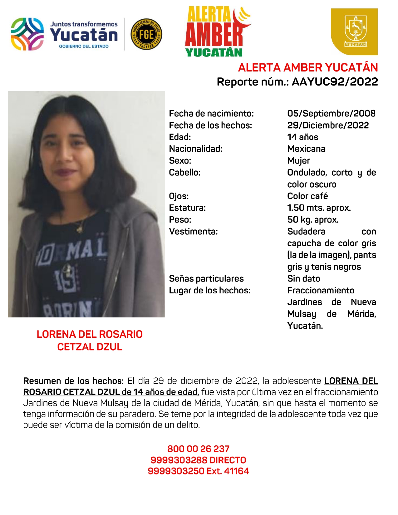 ALERTA AMBER LORENA DEL ROSARIO CETZAL DZUL DE 14 AÑOS (YUC)