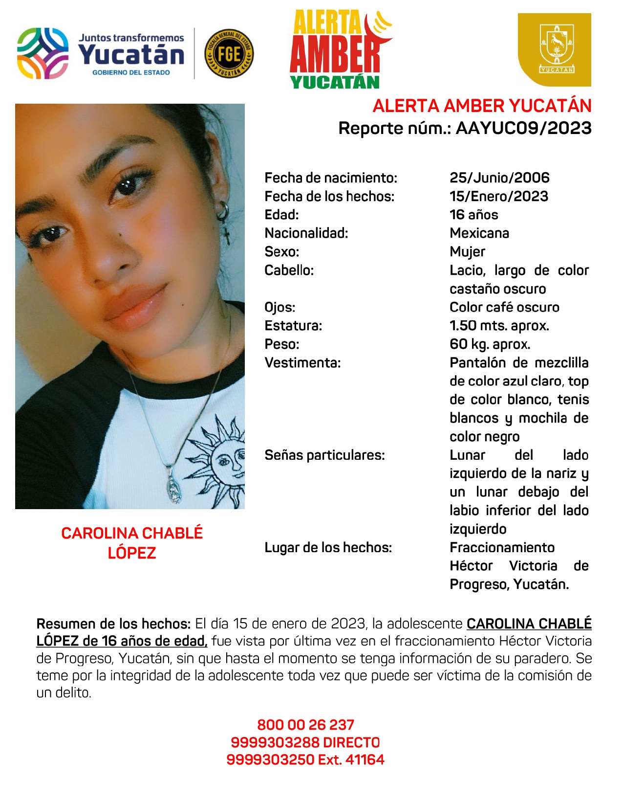 ALERTA AMBER CAROLINA CHABLÉ LÓPEZ DE 16 AÑOS (YUC)