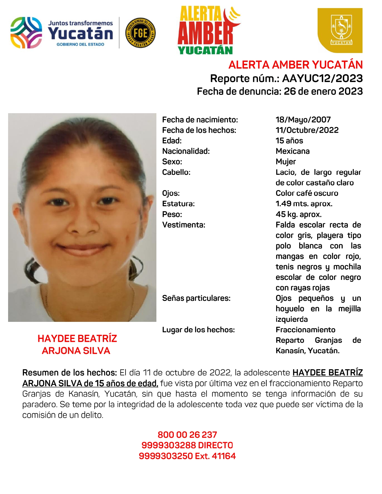ALERTA AMBER HAYDEE BEATRÍZ ARJONA SILVA DE 15 AÑOS (YUC)
