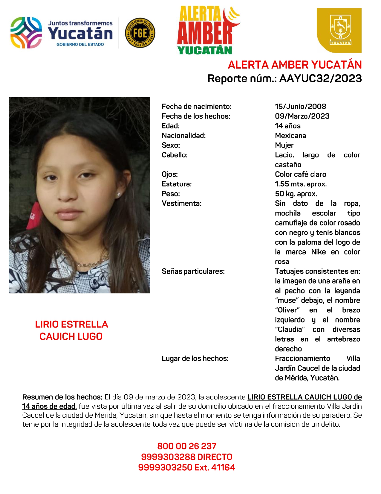 ALERTA AMBER LIRIO ESTRELLA CAUICH LUGO DE 14 AÑOS (YUC)