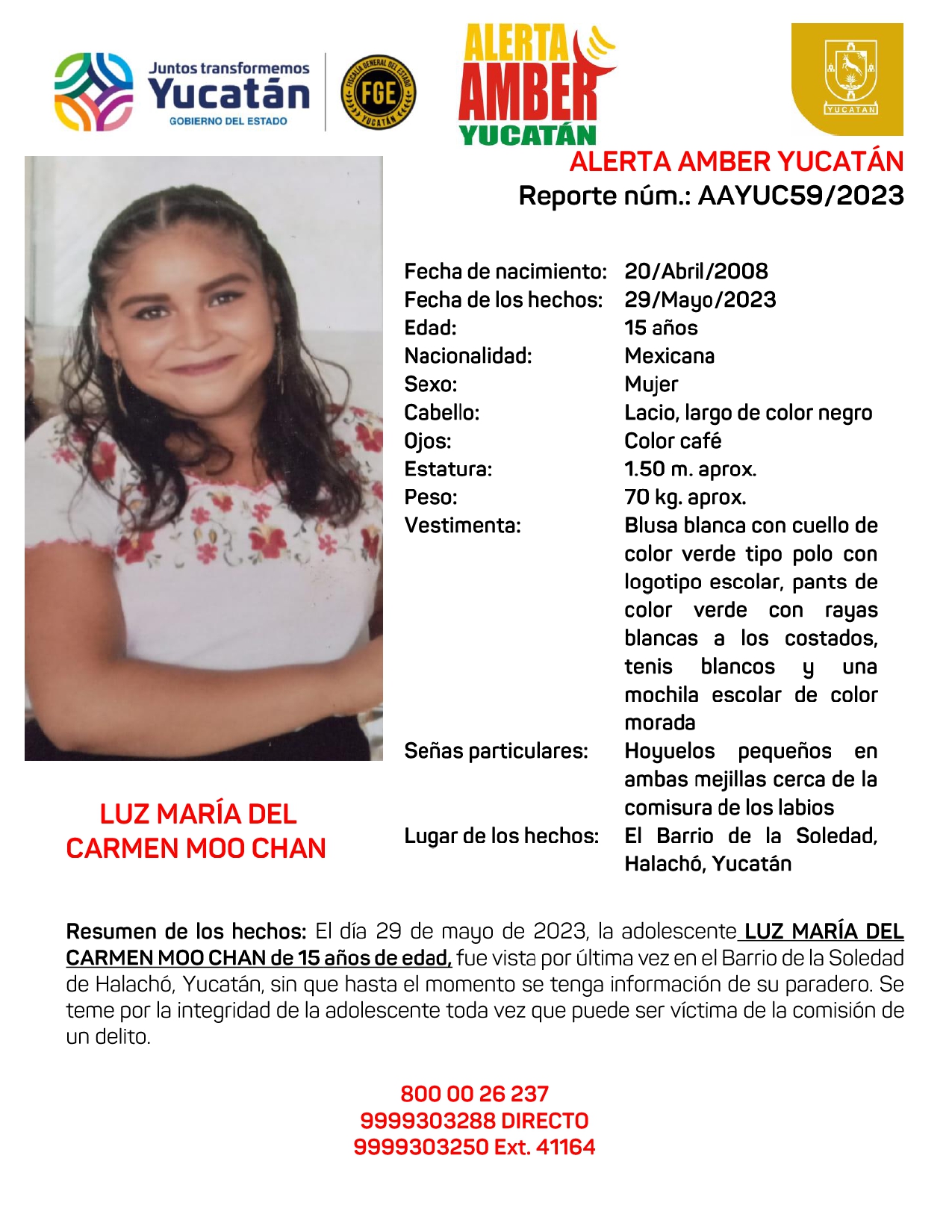 ALERTA AMBER ESTATAL LUZ MARÍA DEL CARMEN MOO CHAN DE 15 AÑOS (YUC)