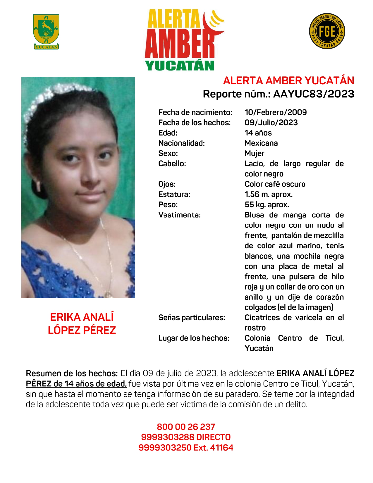 ALERTA AMBER ERIKA ANALI LÓPEZ PÉREZ DE 14 AÑOS (YUC)