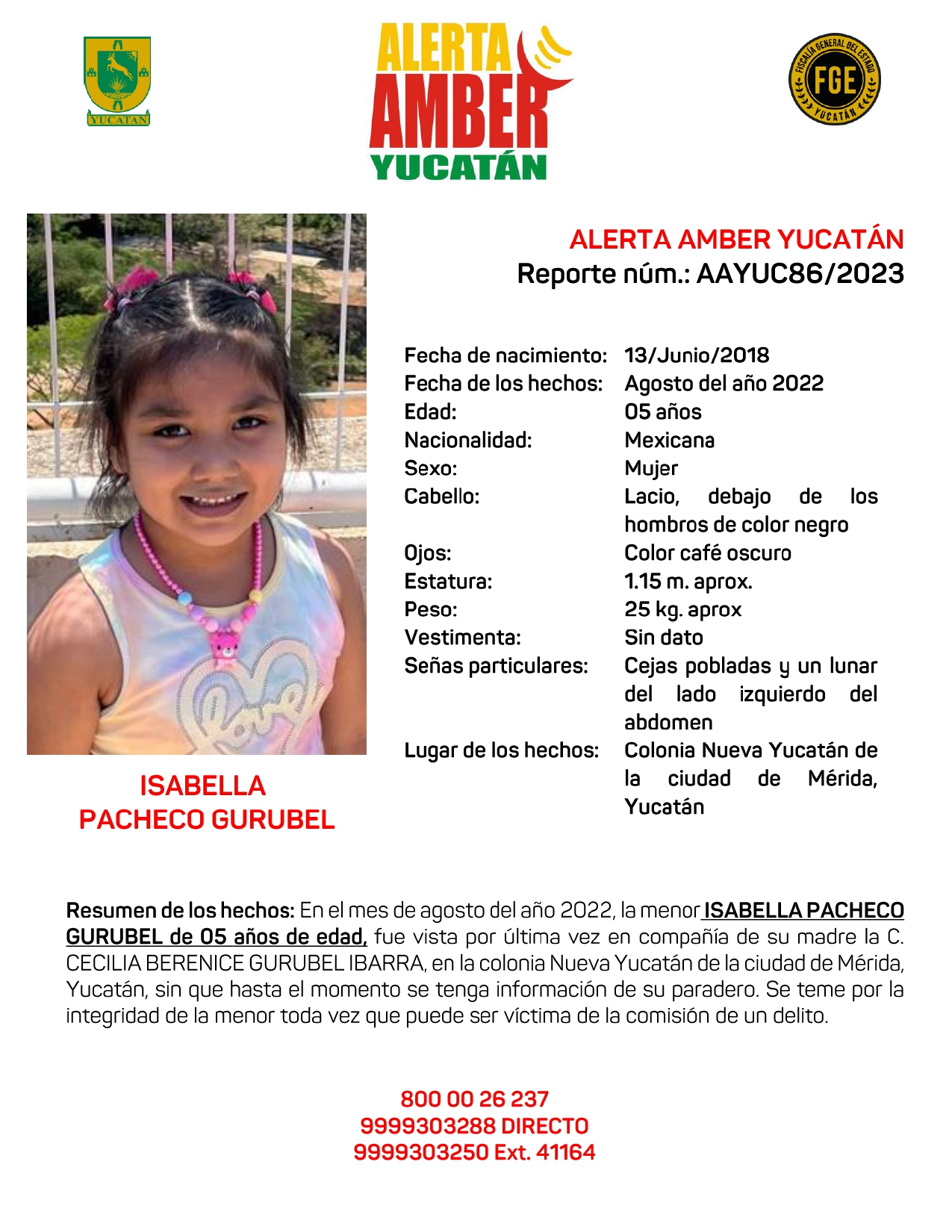 ALERTA AMBER ESTATAL ISABELLA PACHECO GURUBEL DE 05 AÑOS (YUC)