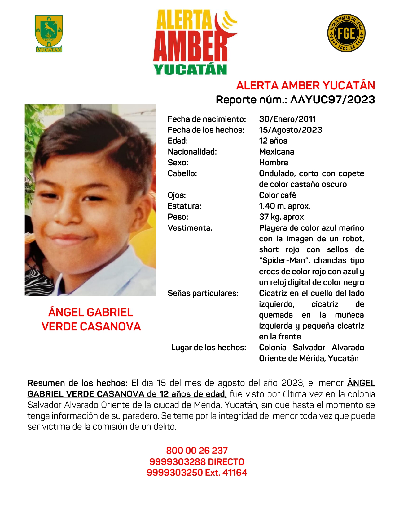 ALERTA AMBER ESTATAL ÁNGEL GABRIEL VERDE CASANOVA DE 12 AÑOS (YUC)